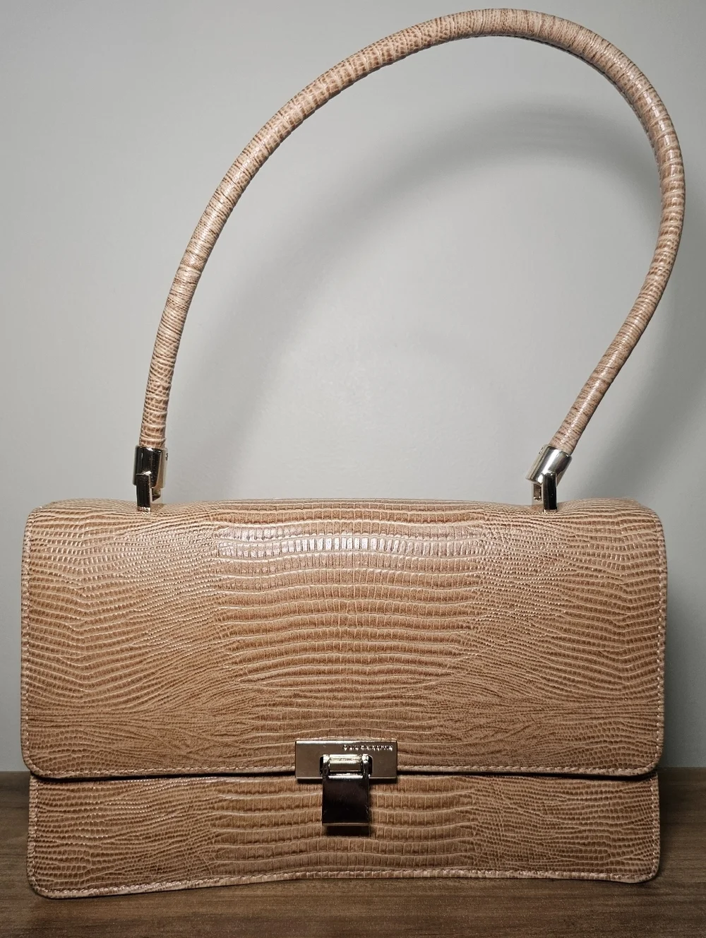 LIZ CLAIBORNE Vintage Y2K Lizard Embossed Shoulder Bag Taupe Structured Handbag
